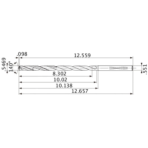 MVS1389X15S140 DP1020 0.5469″ Dia. × 0.551″ Shank × 10.02″ Flute Length × 12.657″ OAL, 140°, 2 Flute, Coolant Thru, Solid Carbide Drill