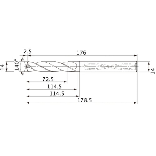 MVS1400X05S140 DP1020 14 mm Dia. × 14 mm Shank × 114.5 mm Flute Length × 178.5 mm OAL, 140°, 2 Flute, Coolant Thru, Solid Carbide Drill