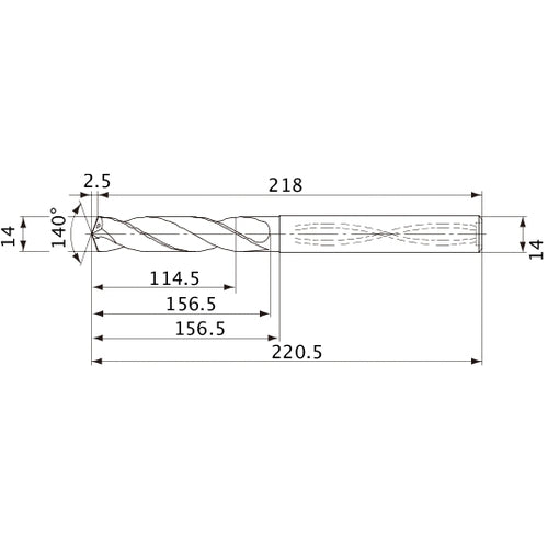 MVS1400X08S140 DP1020 14 mm Dia. × 14 mm Shank × 156.5 mm Flute Length × 220.5 mm OAL, 140°, 2 Flute, Coolant Thru, Solid Carbide Drill