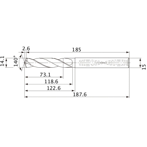 MVS1410X05S150 DP1020 14.1 mm Dia. × 15 mm Shank × 118.6 mm Flute Length × 187.6 mm OAL, 140°, 2 Flute, Coolant Thru, Solid Carbide Drill