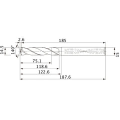 MVS1450X05S150 DP1020 14.5 mm Dia. × 15 mm Shank × 118.6 mm Flute Length × 187.6 mm OAL, 140°, 2 Flute, Coolant Thru, Solid Carbide Drill