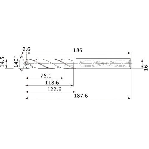 MVS1450X05S160 DP1020 14.5 mm Dia. × 16 mm Shank × 118.6 mm Flute Length × 187.6 mm OAL, 140°, 2 Flute, Coolant Thru, Solid Carbide Drill
