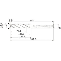 MVS1450X05S160 DP1020 14.5 mm Dia. × 16 mm Shank × 118.6 mm Flute Length × 187.6 mm OAL, 140°, 2 Flute, Coolant Thru, Solid Carbide Drill