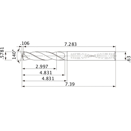 MVS1468X05S160 DP1020 0.5781″ Dia. × 0.63″ Shank × 4.831″ Flute Length × 7.39″ OAL, 140°, 2 Flute, Coolant Thru, Solid Carbide Drill