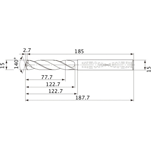 MVS1500X05S150 DP1020 15 mm Dia. × 15 mm Shank × 122.7 mm Flute Length × 187.7 mm OAL, 140°, 2 Flute, Coolant Thru, Solid Carbide Drill