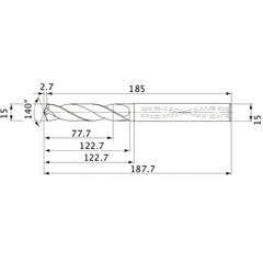 MVS1500X05S150 DP1020 15 mm Dia. × 15 mm Shank × 122.7 mm Flute Length × 187.7 mm OAL, 140°, 2 Flute, Coolant Thru, Solid Carbide Drill