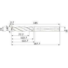 MVS1500X05S160 DP1020 15 mm Dia. × 16 mm Shank × 122.7 mm Flute Length × 187.7 mm OAL, 140°, 2 Flute, Coolant Thru, Solid Carbide Drill