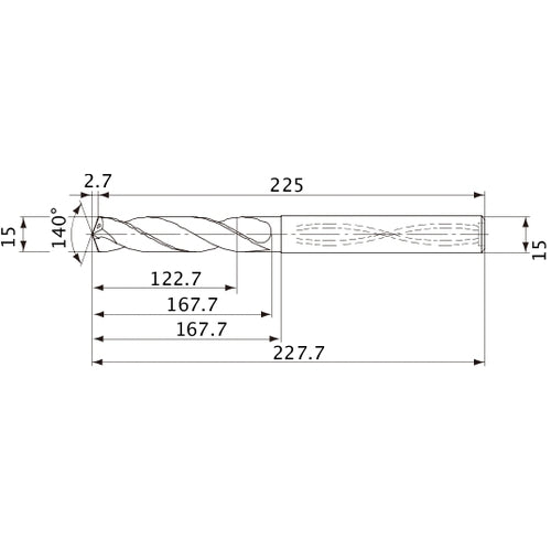 MVS1500X08S150 DP1020 15 mm Dia. × 15 mm Shank × 167.7 mm Flute Length × 227.7 mm OAL, 140°, 2 Flute, Coolant Thru, Solid Carbide Drill
