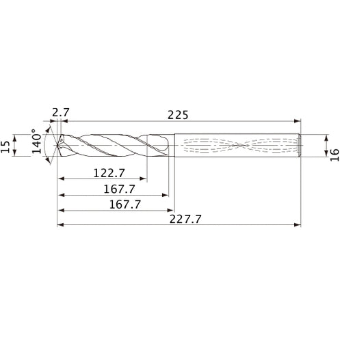MVS1500X08S160 DP1020 15 mm Dia. × 16 mm Shank × 167.7 mm Flute Length × 227.7 mm OAL, 140°, 2 Flute, Coolant Thru, Solid Carbide Drill