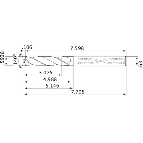 MVS1508X05S160 DP1020 0.5938″ Dia. × 0.63″ Shank × 4.988″ Flute Length × 7.705″ OAL, 140°, 2 Flute, Coolant Thru, Solid Carbide Drill