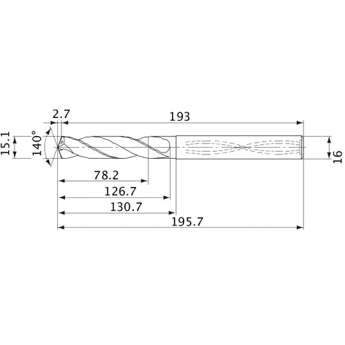 MVS1510X05S160 DP1020 15.1 mm Dia. × 16 mm Shank × 126.7 mm Flute Length × 195.7 mm OAL, 140°, 2 Flute, Coolant Thru, Solid Carbide Drill