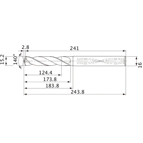 MVS1520X08S160 DP1020 15.2 mm Dia. × 16 mm Shank × 173.8 mm Flute Length × 243.8 mm OAL, 140°, 2 Flute, Coolant Thru, Solid Carbide Drill