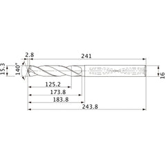 MVS1530X08S160 DP1020 15.3 mm Dia. × 16 mm Shank × 173.8 mm Flute Length × 243.8 mm OAL, 140°, 2 Flute, Coolant Thru, Solid Carbide Drill