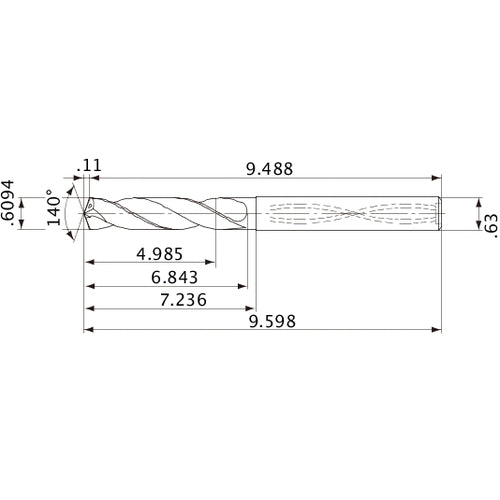 MVS1548X08S160 DP1020 0.6094″ Dia. × 0.63″ Shank × 6.843″ Flute Length × 9.598″ OAL, 140°, 2 Flute, Coolant Thru, Solid Carbide Drill
