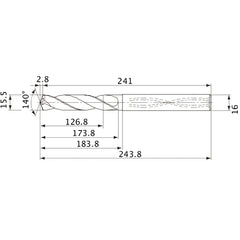 MVS1550X08S160 DP1020 15.5 mm Dia. × 16 mm Shank × 173.8 mm Flute Length × 243.8 mm OAL, 140°, 2 Flute, Coolant Thru, Solid Carbide Drill