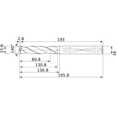 MVS1560X05S160 DP1020 15.6 mm Dia. × 16 mm Shank × 130.8 mm Flute Length × 195.8 mm OAL, 140°, 2 Flute, Coolant Thru, Solid Carbide Drill