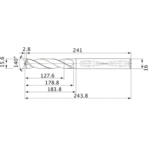 MVS1560X08S160 DP1020 15.6 mm Dia. × 16 mm Shank × 178.8 mm Flute Length × 243.8 mm OAL, 140°, 2 Flute, Coolant Thru, Solid Carbide Drill
