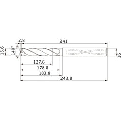MVS1560X08S160 DP1020 15.6 mm Dia. × 16 mm Shank × 178.8 mm Flute Length × 243.8 mm OAL, 140°, 2 Flute, Coolant Thru, Solid Carbide Drill
