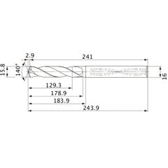 MVS1580X08S160 DP1020 15.8 mm Dia. × 16 mm Shank × 178.9 mm Flute Length × 243.9 mm OAL, 140°, 2 Flute, Coolant Thru, Solid Carbide Drill