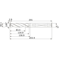 MVS1610X05S170 DP1020 16.1 mm Dia. × 17 mm Shank × 134.9 mm Flute Length × 203.9 mm OAL, 140°, 2 Flute, Coolant Thru, Solid Carbide Drill
