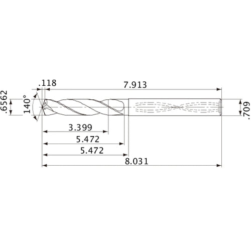 MVS1667X05S180 DP1020 0.6562″ Dia. × 0.709″ Shank × 5.472″ Flute Length × 8.031″ OAL, 140°, 2 Flute, Coolant Thru, Solid Carbide Drill