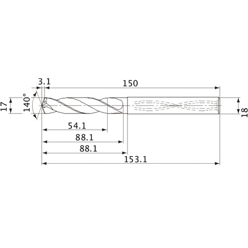 MVS1700X03S180 DP1020 17 mm Dia. × 18 mm Shank × 88.1 mm Flute Length × 153.1 mm OAL, 140°, 2 Flute, Coolant Thru, Solid Carbide Drill