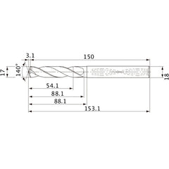 MVS1700X03S180 DP1020 17 mm Dia. × 18 mm Shank × 88.1 mm Flute Length × 153.1 mm OAL, 140°, 2 Flute, Coolant Thru, Solid Carbide Drill