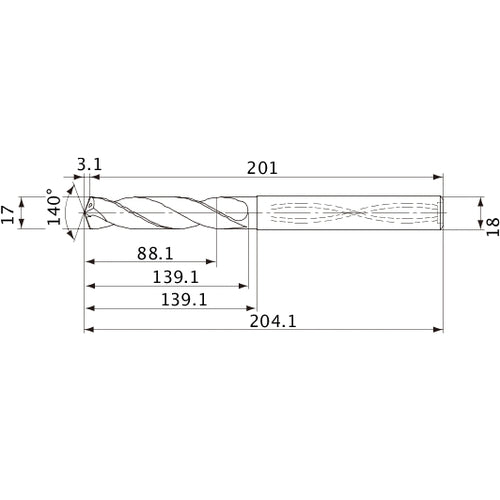 MVS1700X05S180 DP1020 17 mm Dia. × 18 mm Shank × 139.1 mm Flute Length × 204.1 mm OAL, 140°, 2 Flute, Coolant Thru, Solid Carbide Drill
