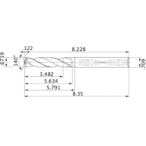 MVS1707X05S180 DP1020 0.6719″ Dia. × 0.709″ Shank × 5.634″ Flute Length × 8.35″ OAL, 140°, 2 Flute, Coolant Thru, Solid Carbide Drill
