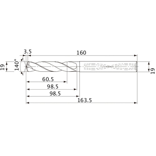 MVS1900X03S190 DP1020 19 mm Dia. × 19 mm Shank × 98.5 mm Flute Length × 163.5 mm OAL, 140°, 2 Flute, Coolant Thru, Solid Carbide Drill