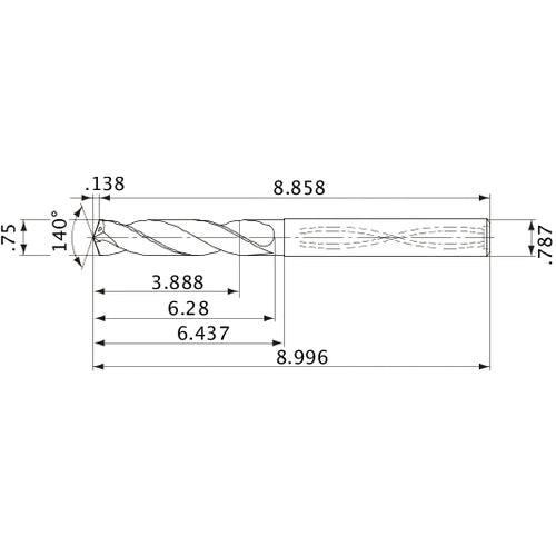 MVS1905X05S200 DP1020 3/4″ Dia. × 0.787″ Shank × 6.28″ Flute Length × 8.996″ OAL, 140°, 2 Flute, Coolant Thru, Solid Carbide Drill