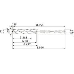 MVS1905X05S200 DP1020 3/4″ Dia. × 0.787″ Shank × 6.28″ Flute Length × 8.996″ OAL, 140°, 2 Flute, Coolant Thru, Solid Carbide Drill