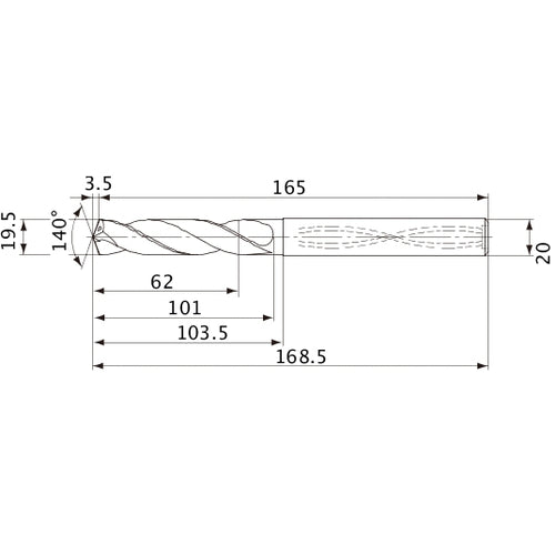 MVS1950X03S200 DP1020 19.5 mm Dia. × 20 mm Shank × 101 mm Flute Length × 168.5 mm OAL, 140°, 2 Flute, Coolant Thru, Solid Carbide Drill