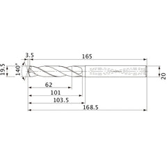 MVS1950X03S200 DP1020 19.5 mm Dia. × 20 mm Shank × 101 mm Flute Length × 168.5 mm OAL, 140°, 2 Flute, Coolant Thru, Solid Carbide Drill