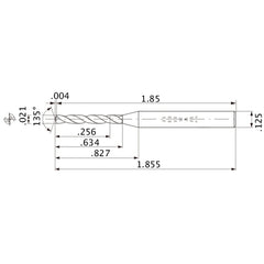 MWS00210XB VP15TF 0.021″ Dia. × 1/8″ Shank × 0.634″ Flute Length × 1.855″ OAL, 135°, 2 Flute, Coolant Thru, Solid Carbide Drill