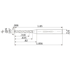 MWS00260XB VP15TF 0.026″ Dia. × 1/8″ Shank × 0.635″ Flute Length × 1.856″ OAL, 135°, 2 Flute, Coolant Thru, Solid Carbide Drill