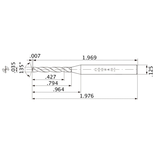 MWS00350XB VP15TF 0.035″ Dia. × 1/8″ Shank × 0.794″ Flute Length × 1.976″ OAL, 135°, 2 Flute, Coolant Thru, Solid Carbide Drill