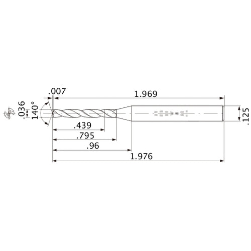 MWS00360XB VP15TF 0.036″ Dia. × 1/8″ Shank × 0.795″ Flute Length × 1.976″ OAL, 140°, 2 Flute, Coolant Thru, Solid Carbide Drill