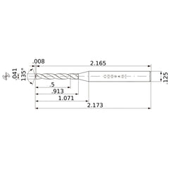 MWS00410XB VP15TF 0.041″ Dia. × 1/8″ Shank × 0.913″ Flute Length × 2.173″ OAL, 135°, 2 Flute, Coolant Thru, Solid Carbide Drill