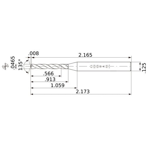 MWS00465XB VP15TF 0.0465″ Dia. × 1/8″ Shank × 0.913″ Flute Length × 2.173″ OAL, 135°, 2 Flute, Coolant Thru, Solid Carbide Drill