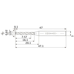 MWS0062XB VP15TF 0.62 mm Dia. × 3 mm Shank × 16.1 mm Flute Length × 47.1 mm OAL, 135°, 2 Flute, Coolant Thru, Solid Carbide Drill