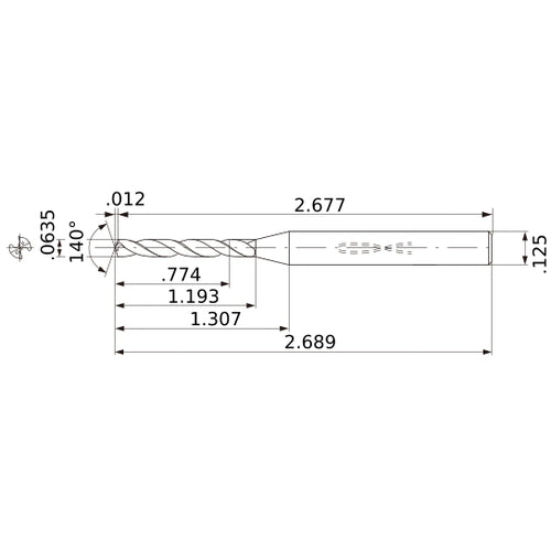 MWS00635XB VP15TF 0.0635″ Dia. × 1/8″ Shank × 1.193″ Flute Length × 2.689″ OAL, 140°, 2 Flute, Coolant Thru, Solid Carbide Drill