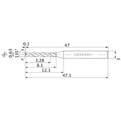 MWS0063LB VP15TF 0.63 mm Dia. × 3 mm Shank × 8.1 mm Flute Length × 47.1 mm OAL, 135°, 2 Flute, Coolant Thru, Solid Carbide Drill