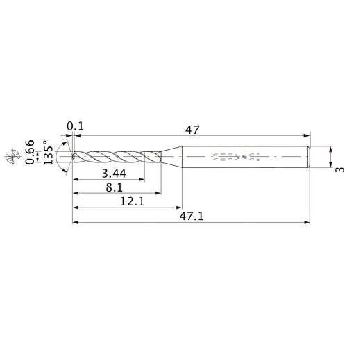 MWS0066LB VP15TF 0.66 mm Dia. × 3 mm Shank × 8.1 mm Flute Length × 47.1 mm OAL, 135°, 2 Flute, Coolant Thru, Solid Carbide Drill