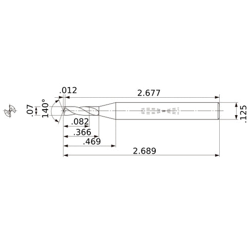 MWS00700SB VP15TF 0.07″ Dia. × 1/8″ Shank × 0.366″ Flute Length × 2.689″ OAL, 140°, 2 Flute, Coolant Thru, Solid Carbide Drill