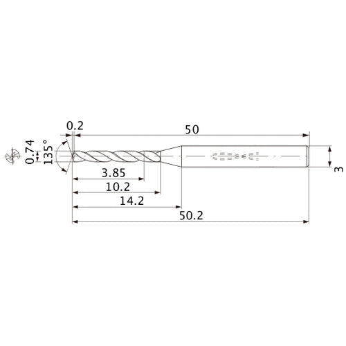 MWS0074LB VP15TF 0.74 mm Dia. × 3 mm Shank × 10.2 mm Flute Length × 50.2 mm OAL, 135°, 2 Flute, Coolant Thru, Solid Carbide Drill