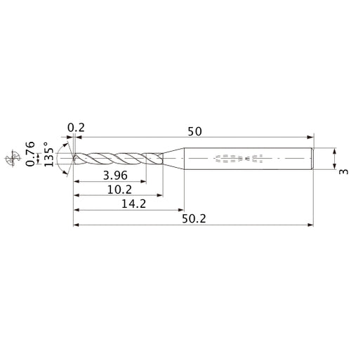 MWS0076LB VP15TF 0.76 mm Dia. × 3 mm Shank × 10.2 mm Flute Length × 50.2 mm OAL, 135°, 2 Flute, Coolant Thru, Solid Carbide Drill
