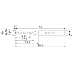MWS0078XB VP15TF 0.78 mm Dia. × 3 mm Shank × 20.2 mm Flute Length × 50.2 mm OAL, 135°, 2 Flute, Coolant Thru, Solid Carbide Drill