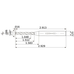 MWS00860XB VP15TF 0.086″ Dia. × 1/8″ Shank × 1.512″ Flute Length × 2.929″ OAL, 140°, 2 Flute, Coolant Thru, Solid Carbide Drill