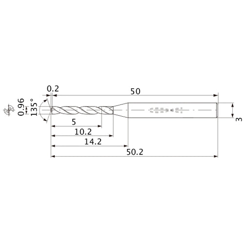 MWS0096LB VP15TF 0.96 mm Dia. × 3 mm Shank × 10.2 mm Flute Length × 50.2 mm OAL, 135°, 2 Flute, Coolant Thru, Solid Carbide Drill